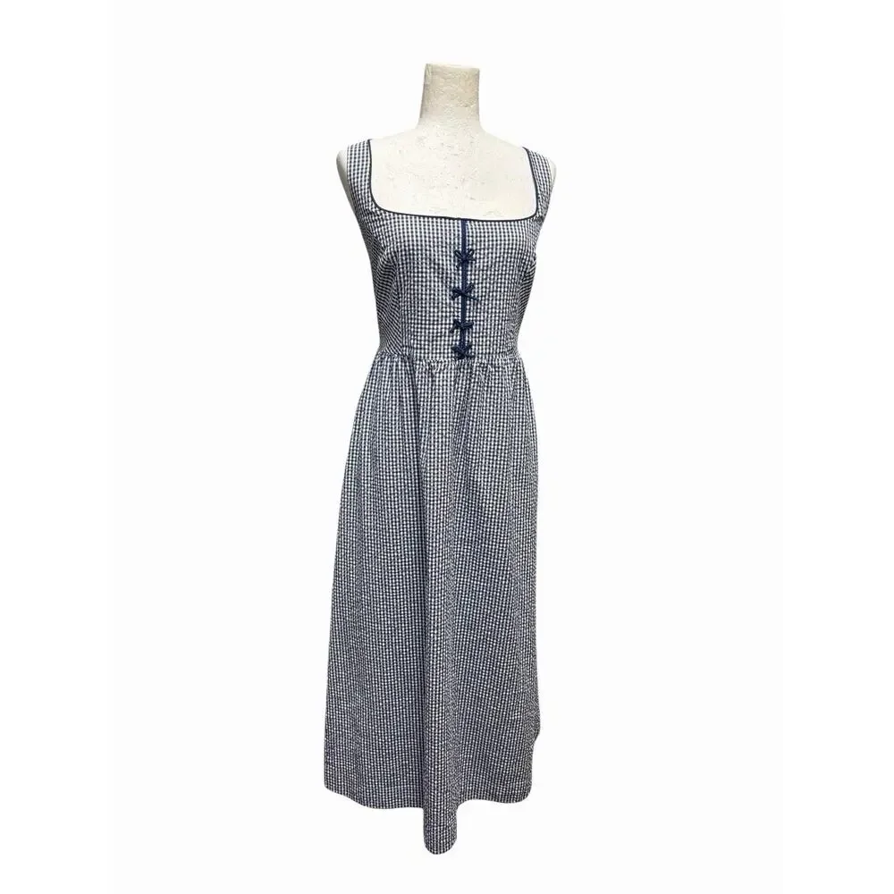 Caroline Constas Dress Blue Gingham Smocked Maxi Sundress Cottagecore Large - Picture 2 of 6